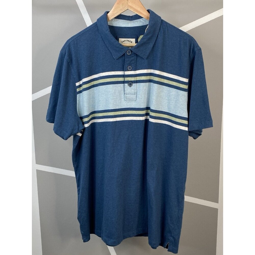 Fat Face Purbeck Polo Men’s 2XL Sea Navy Blue Thick Stripe Short Sleeve NWT